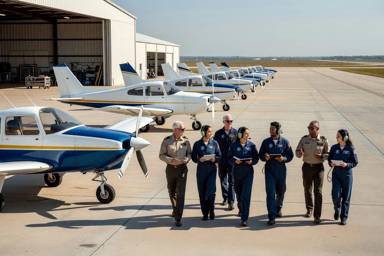Flight school students and instructors on the flight line